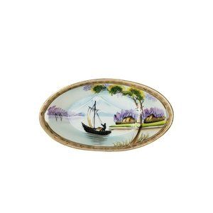 Antique Vintage Nippon Small Hand Painted Oval Bowl Lake Scene Gold Trim